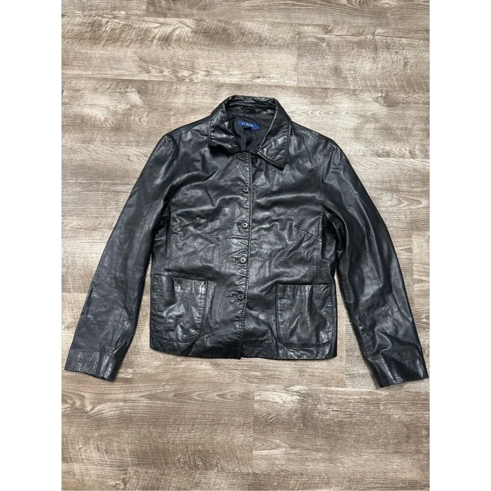 JCREW 100% Leather Black Button Front Jacket Size Large